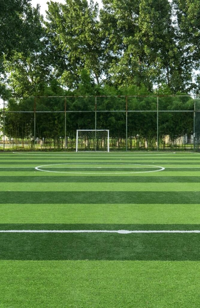 Gros plan des buts de city stade avec des arbres verts en arrière-plan.